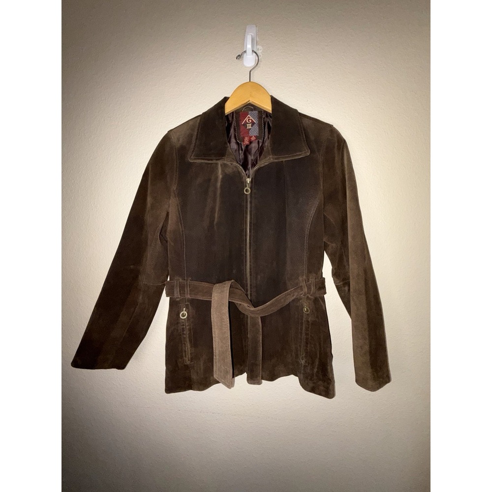 Vintage 90s G-III Dark Brown Suede Leather Belted Jacket M Petite Y2K Zip Moto